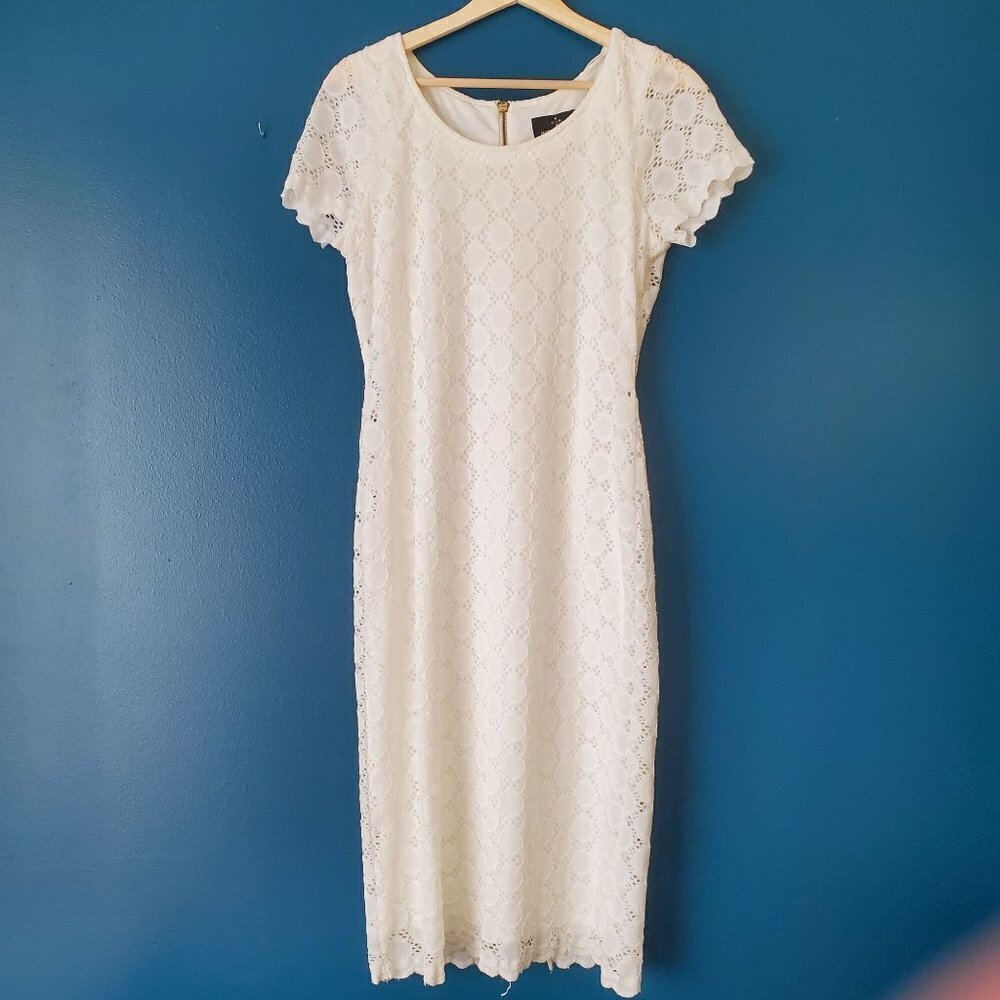 Ronni Nicole 10 White Midi Dress Circle Lace overlay Back Zip‎